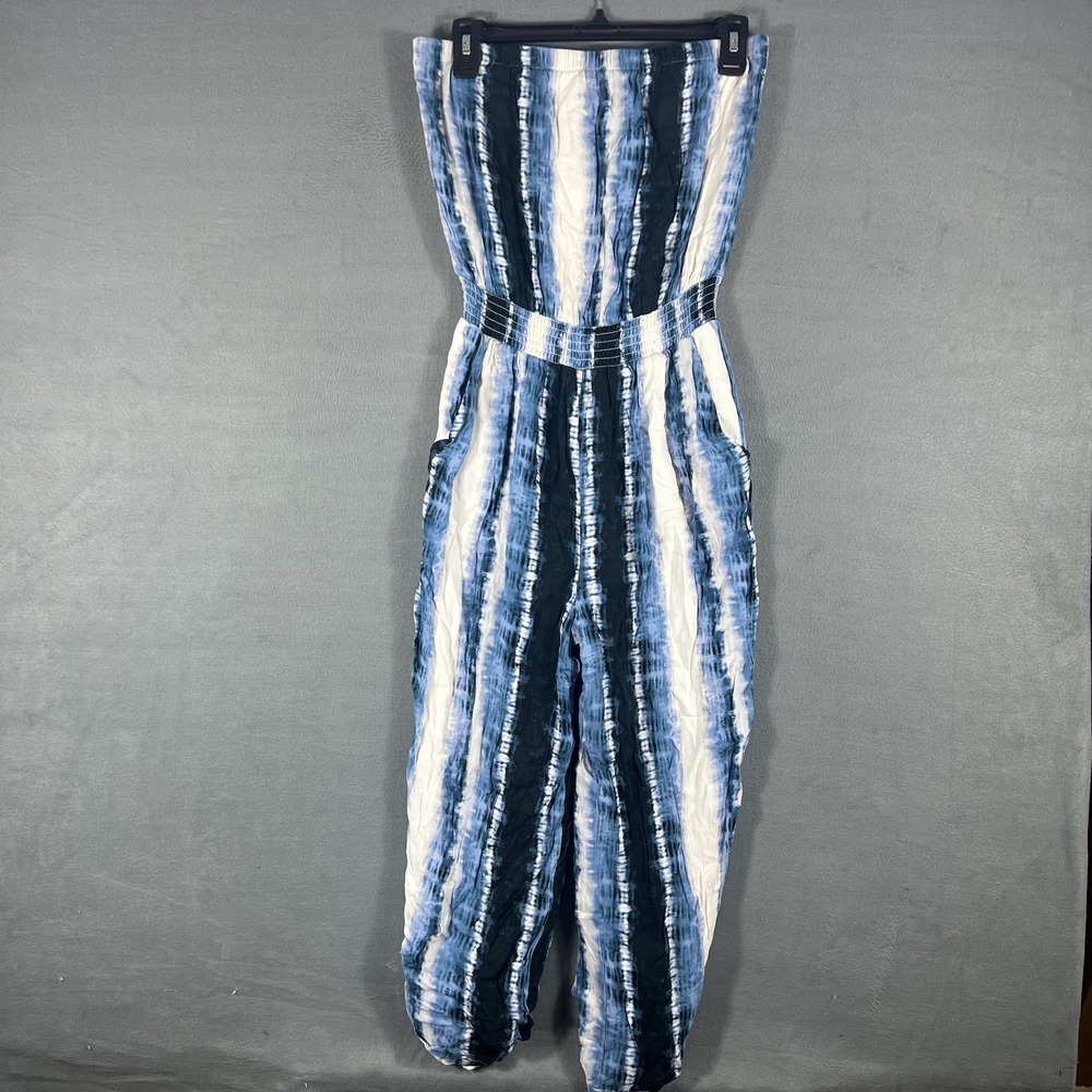 Peyton Jensen Women's Strapless Tie-Dye Jumpsuit Size S Blue White Shirred Waist